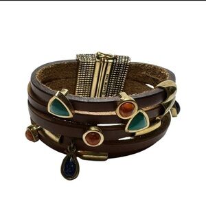 Barse Trendy Brown Leather Bracelet with Gold Clasp and Chic Gem Charms